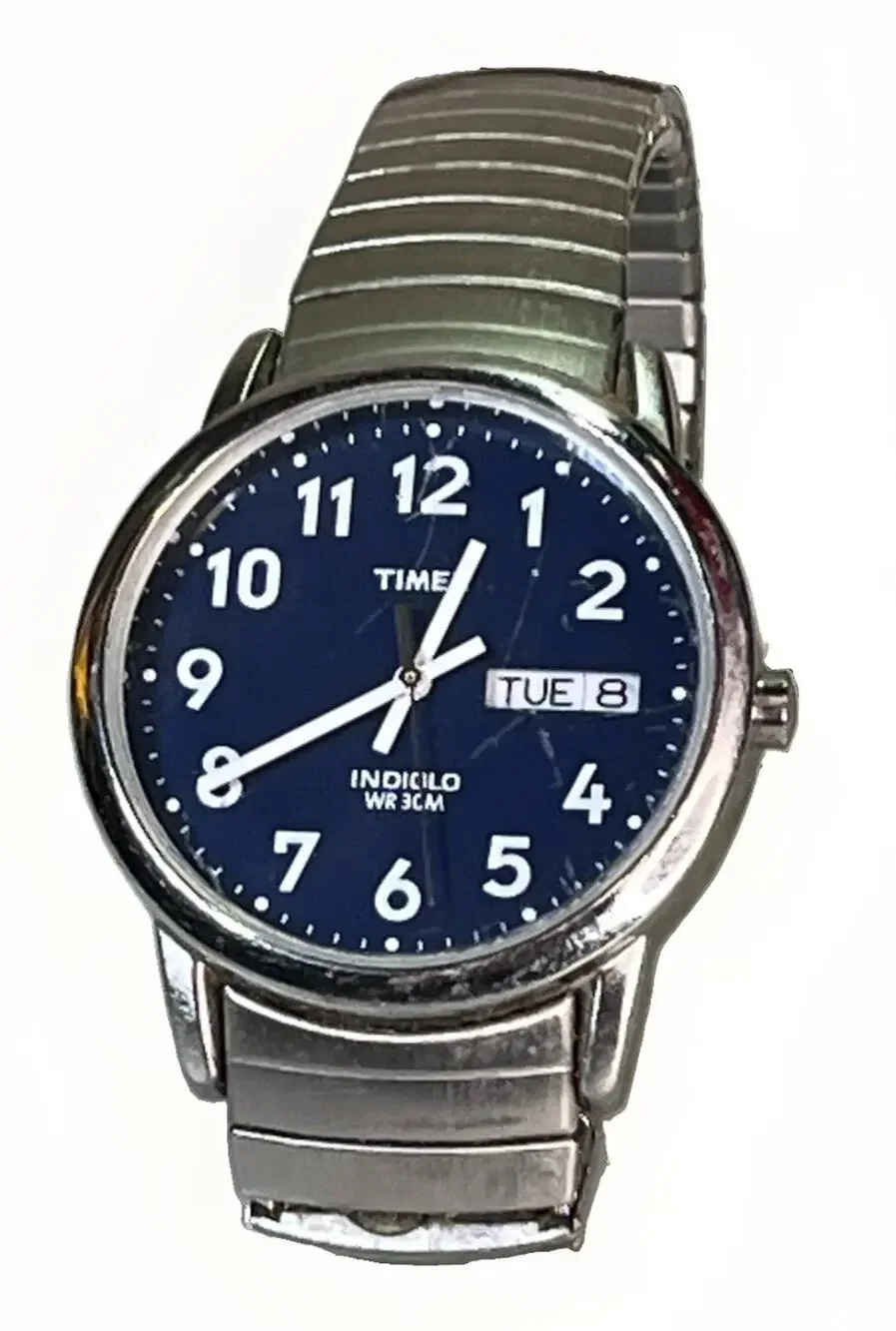 TIMEX Indiglo T20031 Blue Dial Day Date Quartz Watch SS Expansion Band